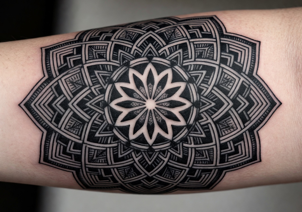 Blackwork geometric mandala tattoo on forearm