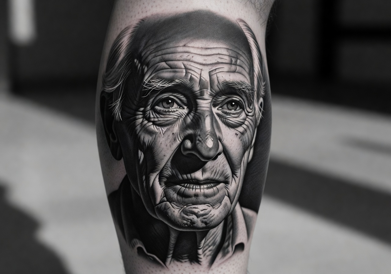Detailed black and grey portrait tattoo on calf
