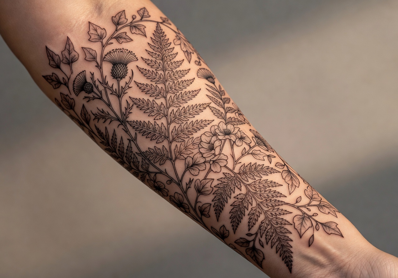 Detailed blackwork tattoo sleeve on a forearm showing fine botanical linework