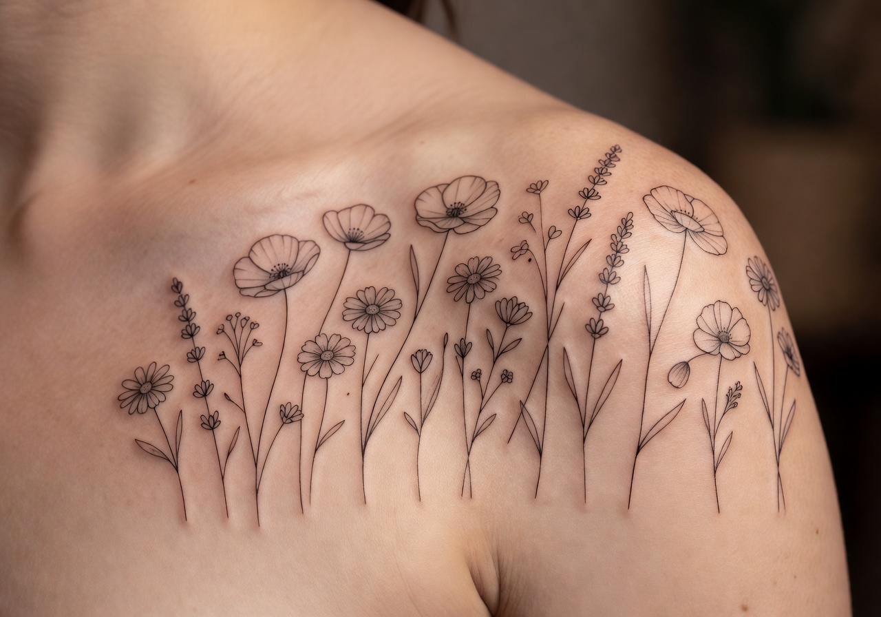 Fine line botanical tattoo of wildflowers on a shoulder