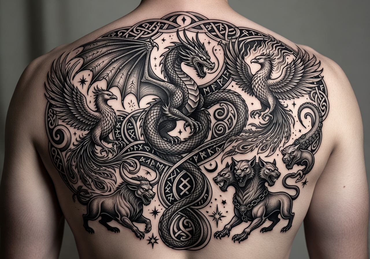 Full back piece blackwork tattoo featuring mythological imagery