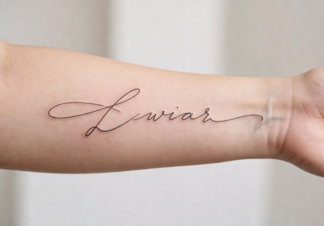 Minimalist single-needle script tattoo on inner forearm