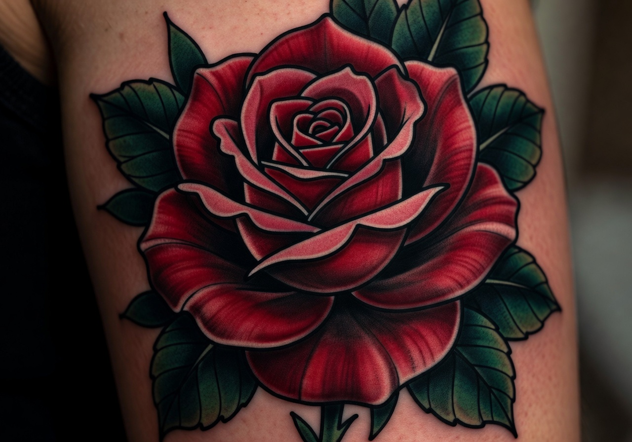 Neo-traditional rose tattoo with rich shading on upper arm
