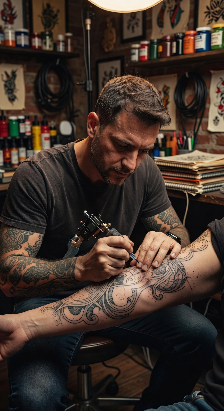 Portrait of tattoo artist Cyro in a softly lit studio working on a custom design