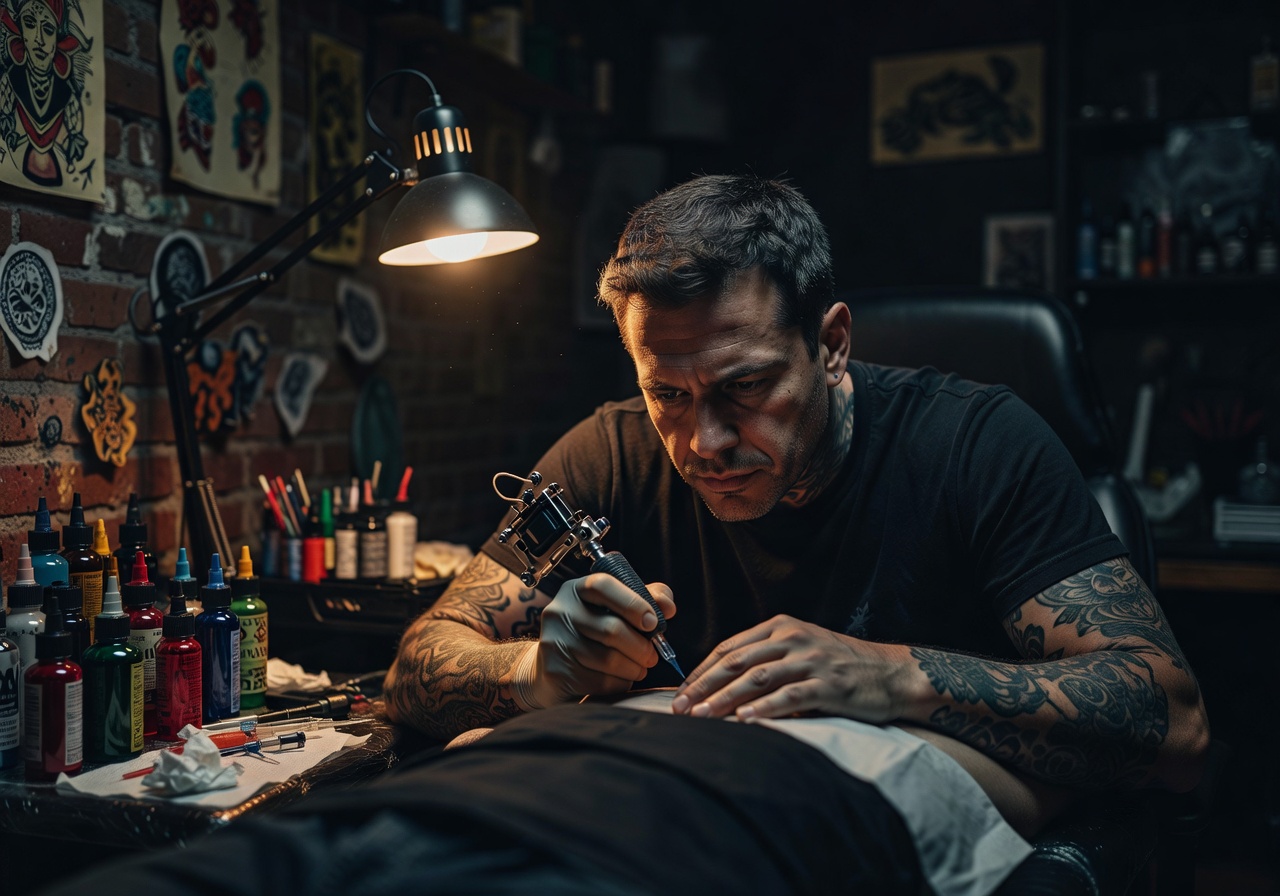 Tattoo artist Cyro working in a dimly lit private studio with ink machine in hand